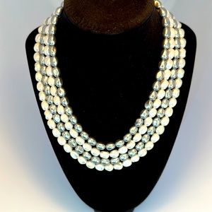 Kissaka grey and white faux pearl necklace with grey teardrop earrings